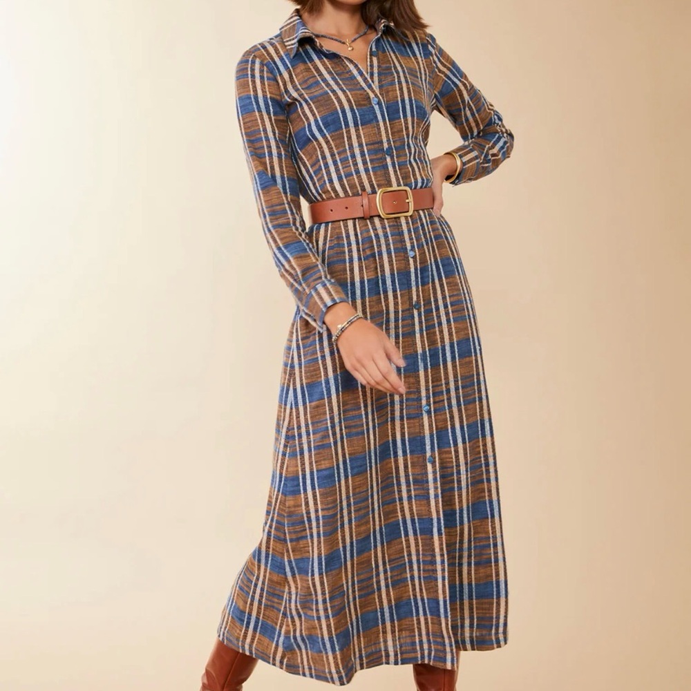 Plaid Long Sleeve Maxi Dress belt not included